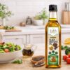 Healthy kitchen with mustard oil and salad